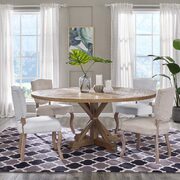 Round pine wood dining table in brown