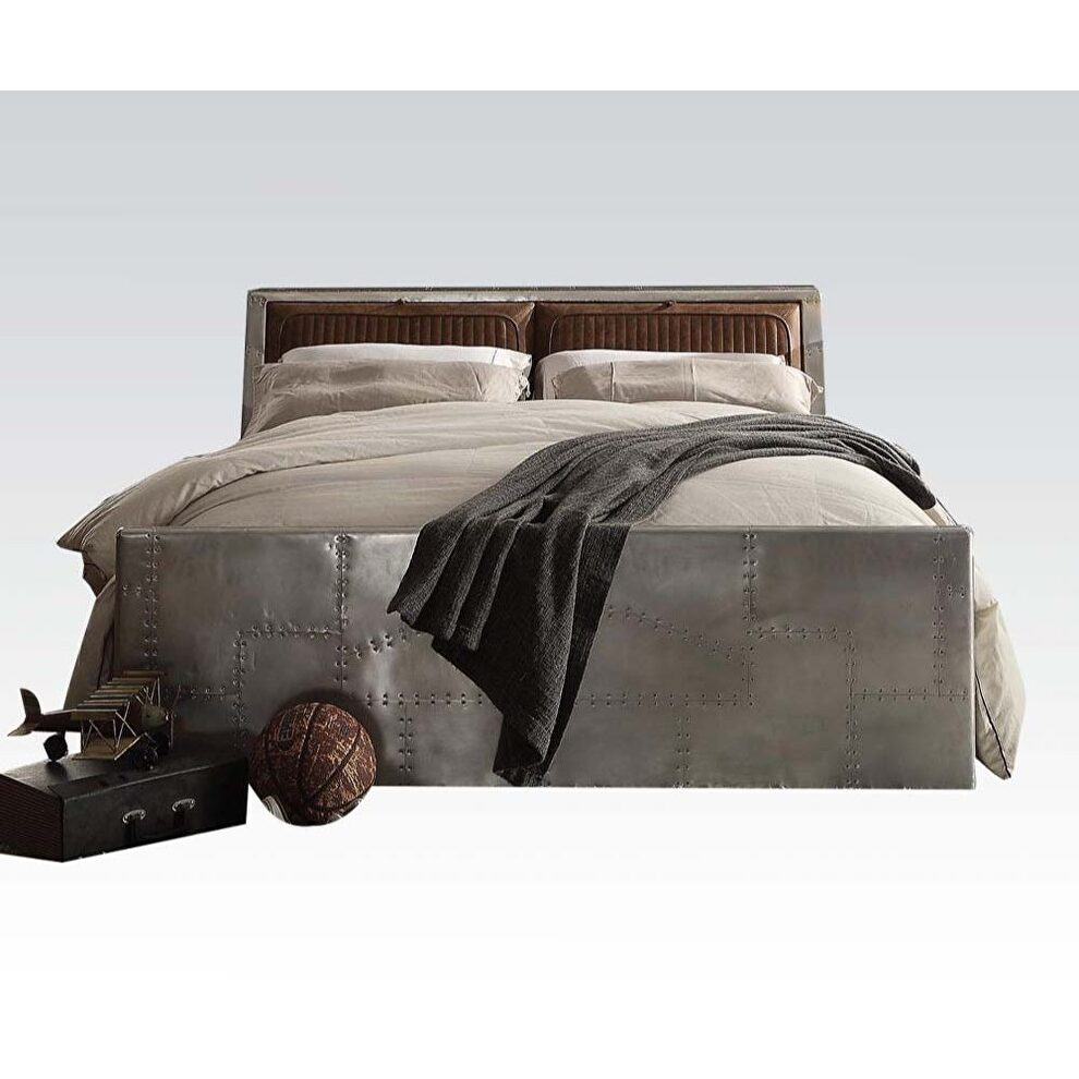 Retro brown top grain leather & aluminum queen bed w/storage by Acme additional picture 2