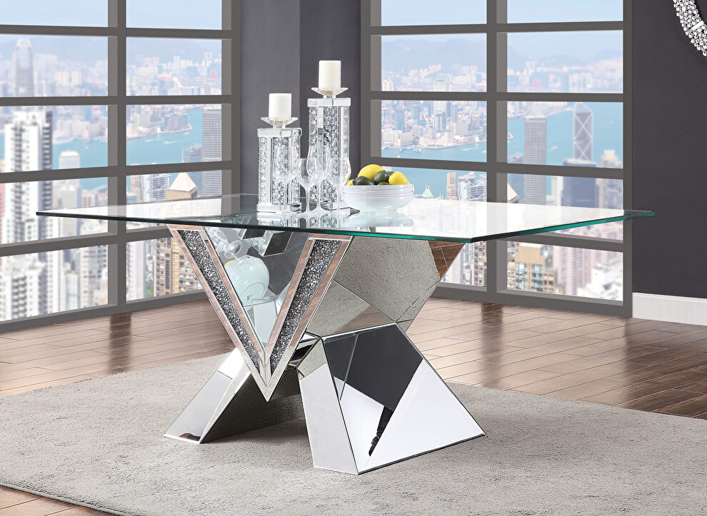 Mirrored, faux diamonds & clear glass dining table by Acme additional picture 3