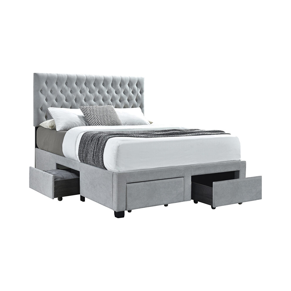 Queen storage bed upholstered in a light gray fabric by Coaster additional picture 2