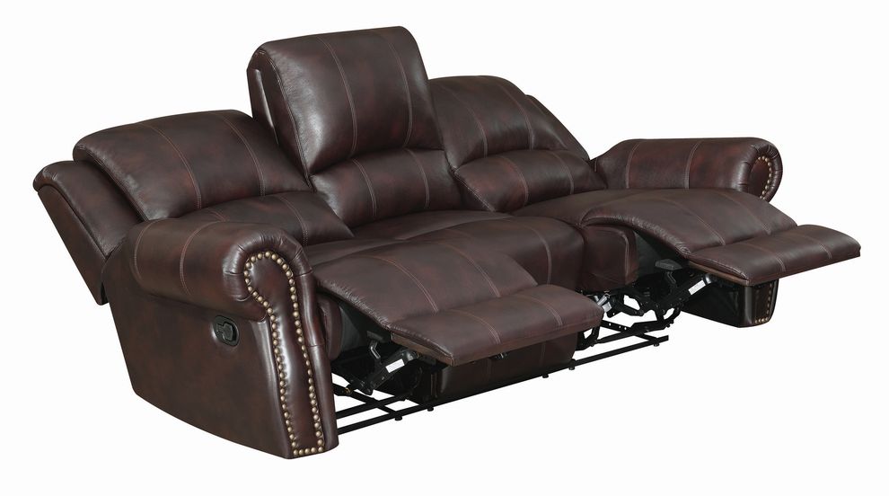 Traditional brown reclining sofa with nailhead studs by Coaster additional picture 4