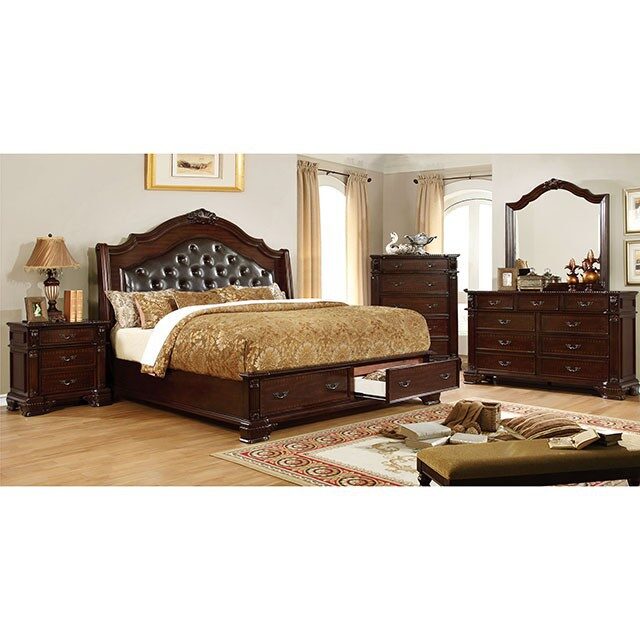 Brown cherry finish intricate wooden carvings bed w/ storage by Furniture of America additional picture 2
