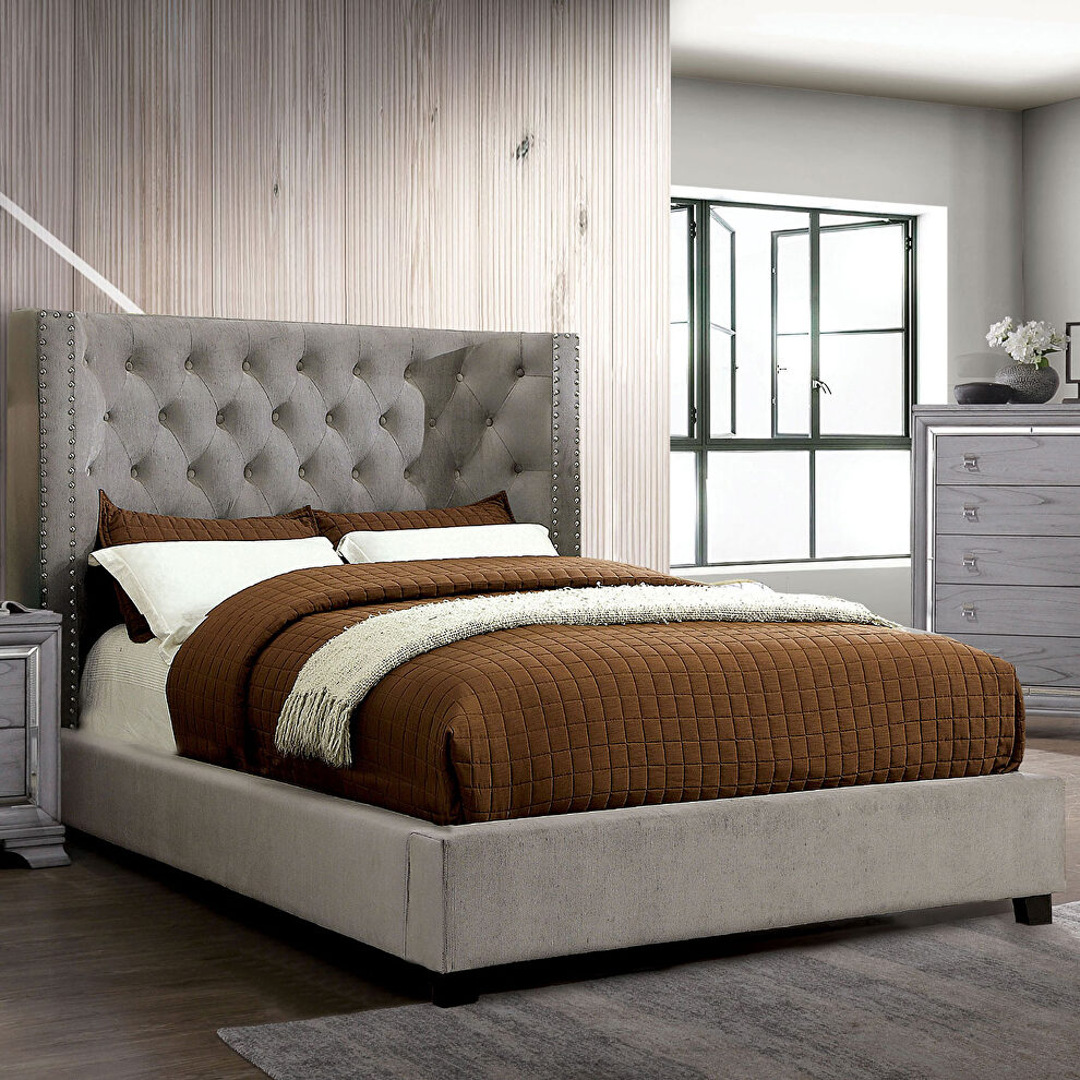 Gray fully upholstered frame transitional bed by Furniture of America additional picture 2