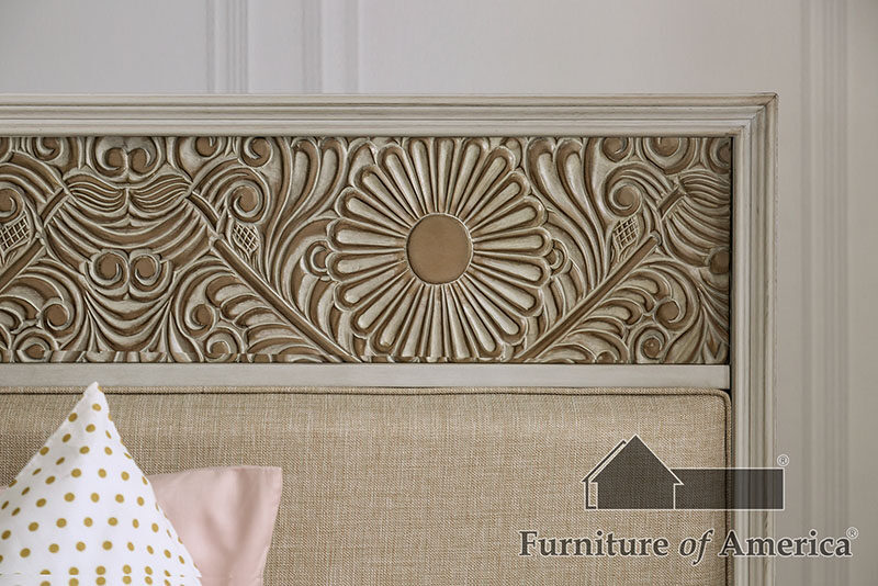 Beige fabric headboard polyresin floral design bed by Furniture of America additional picture 16