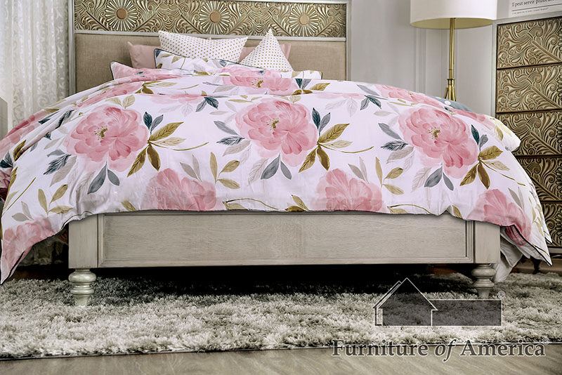 Beige fabric headboard polyresin floral design bed by Furniture of America additional picture 17