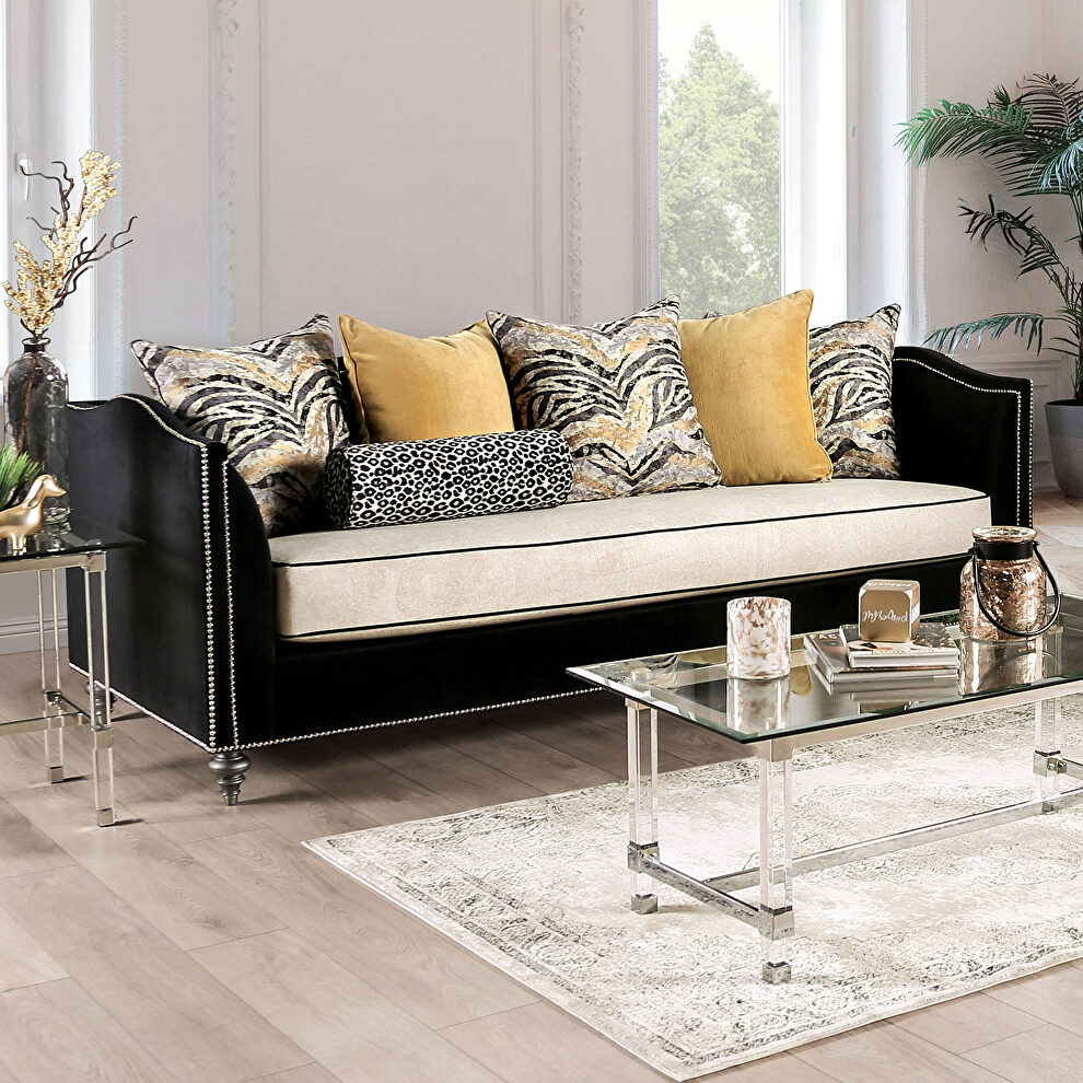 Black velvet upholstery and white knit cushions sofa by Furniture of America additional picture 2