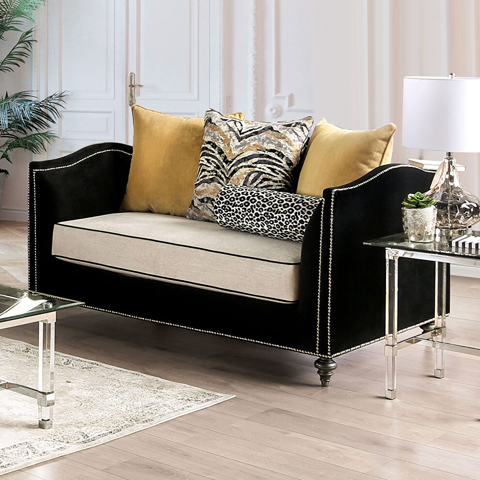 Black velvet upholstery and white knit cushions sofa by Furniture of America additional picture 3