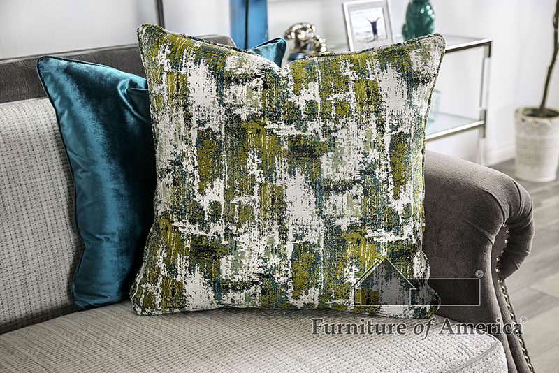 Gray velvet upholstery and white knit cushions sofa by Furniture of America additional picture 6