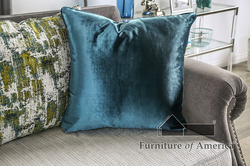 Gray velvet upholstery and white knit cushions sofa by Furniture of America additional picture 7