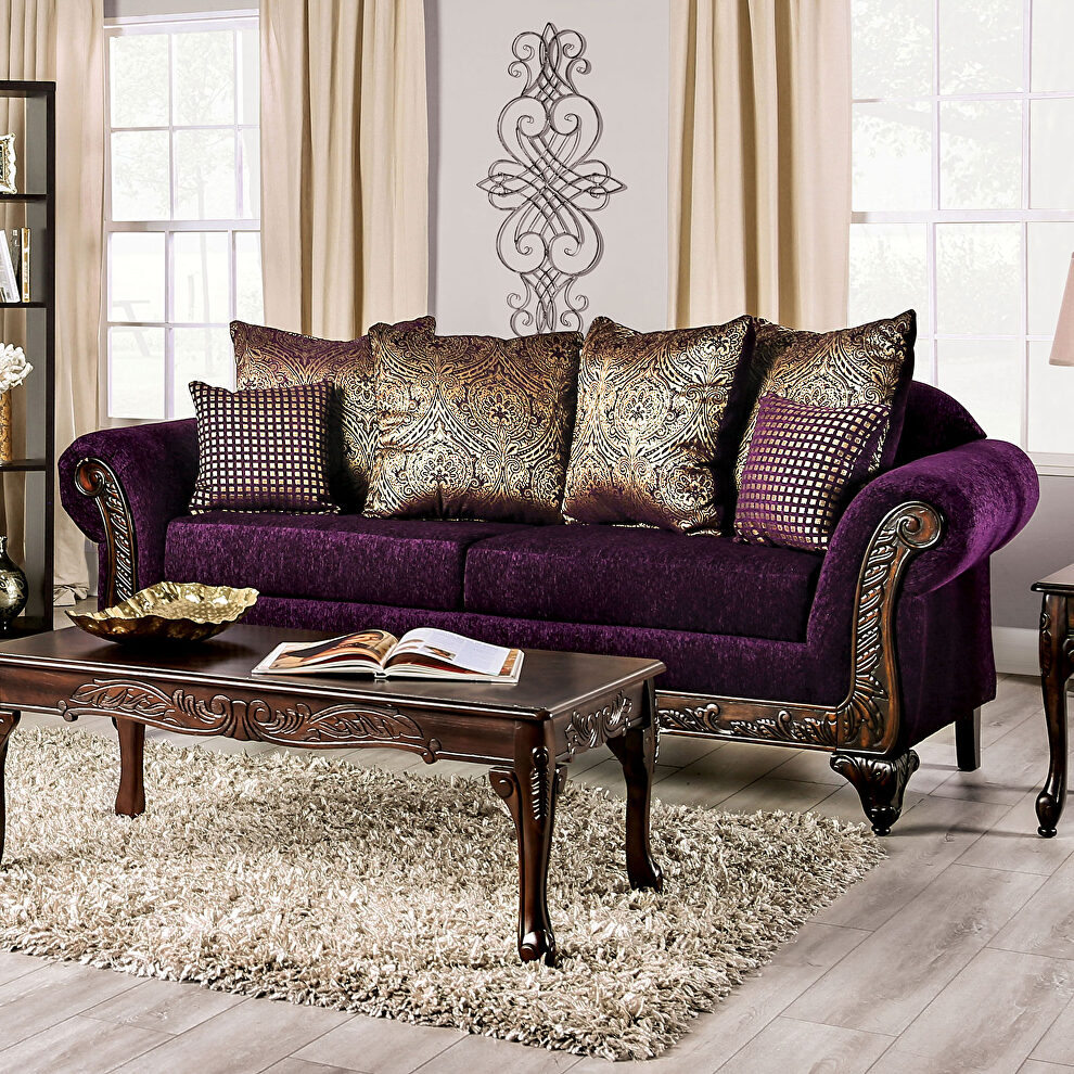 Lustrous chenille and polished carved wood sofa by Furniture of America additional picture 3