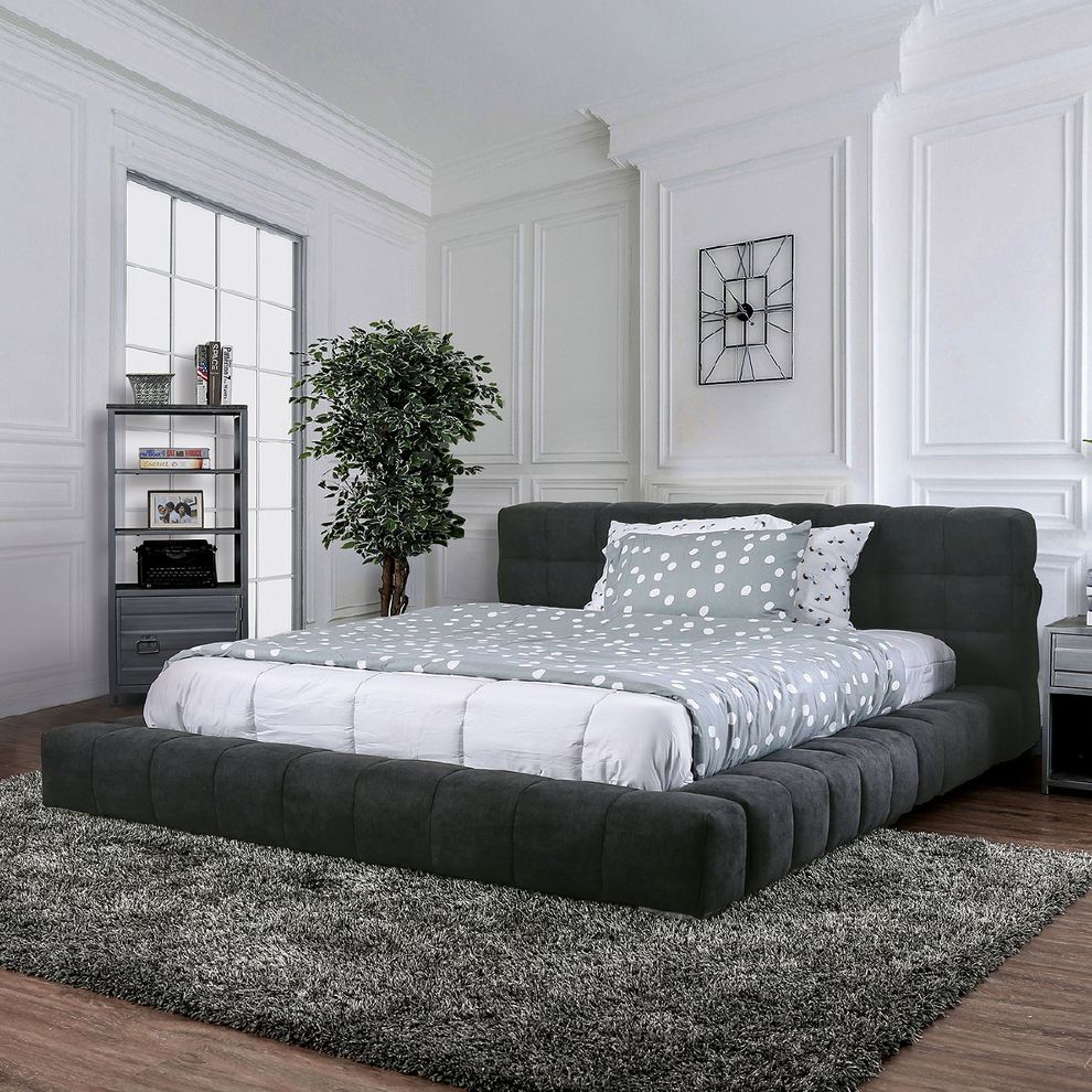 Dark gray linen-like fabric ultra-low profile bed by Furniture of America additional picture 3