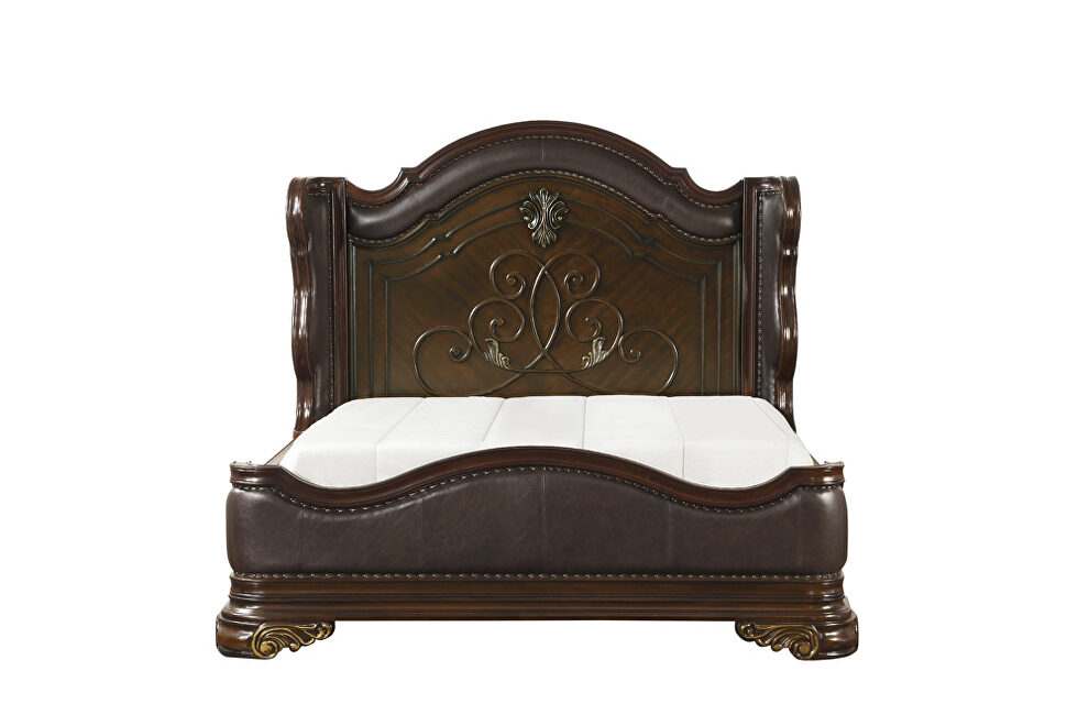 Brown faux leather and rich cherry finish queen bed by Homelegance additional picture 11
