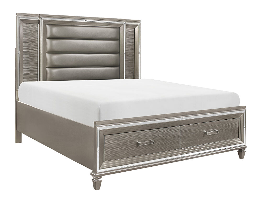 Silver-gray metallic finish queen platform bed with footboard storage, led lighting by Homelegance additional picture 7