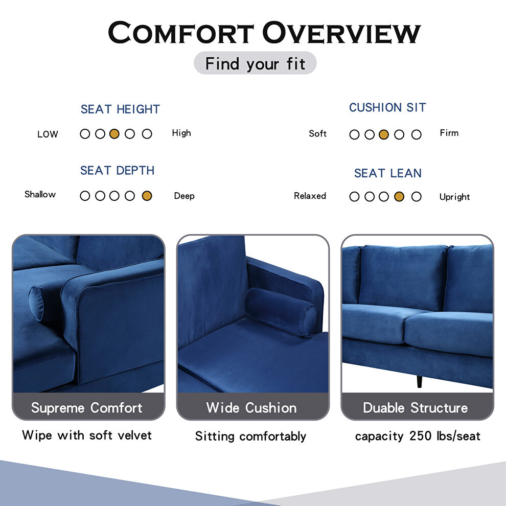 U-shape upholstered couch with modern elegant blue velvet sectional sofa by La Spezia additional picture 2