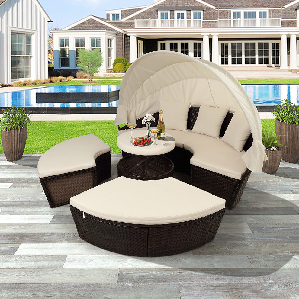 Round outdoor sectional sofa set rattan daybed sunbed with retractable canopy by La Spezia additional picture 11