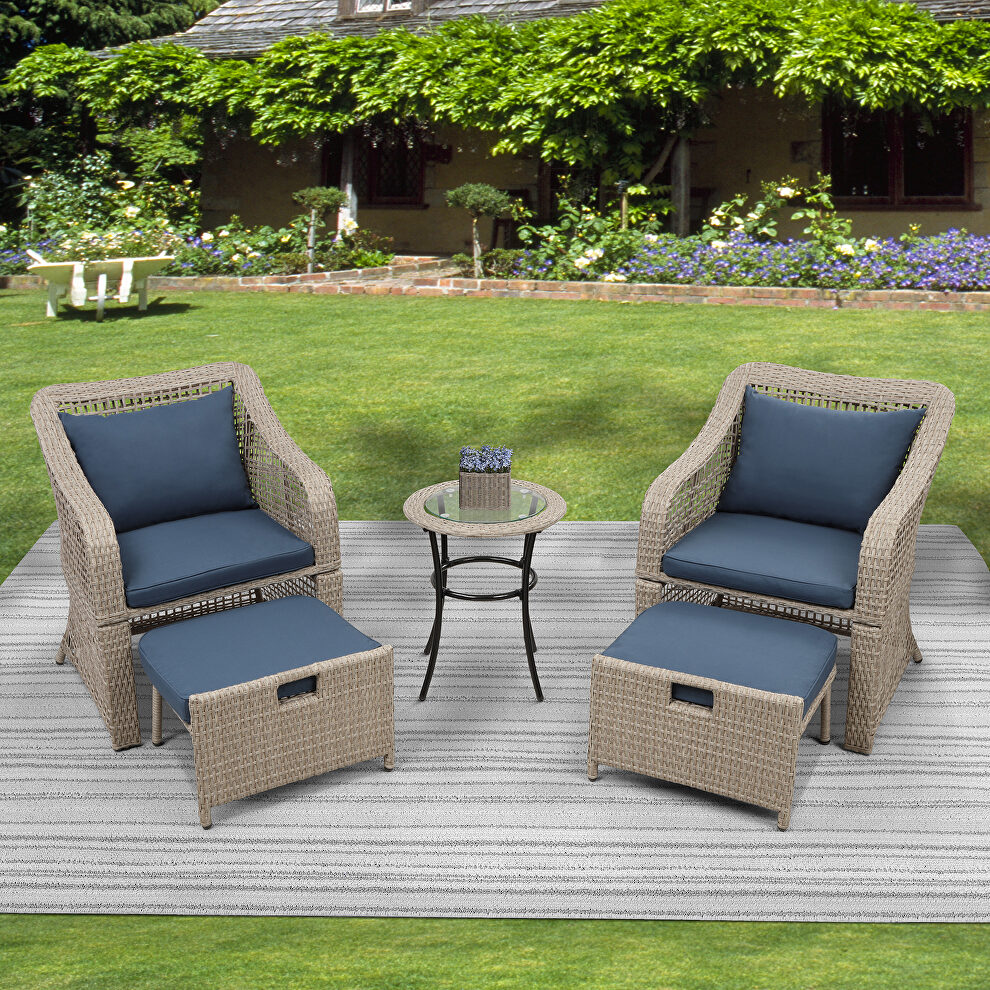Brown rattan/ navy cushions outdoor conversation 5 piece set by La Spezia additional picture 18
