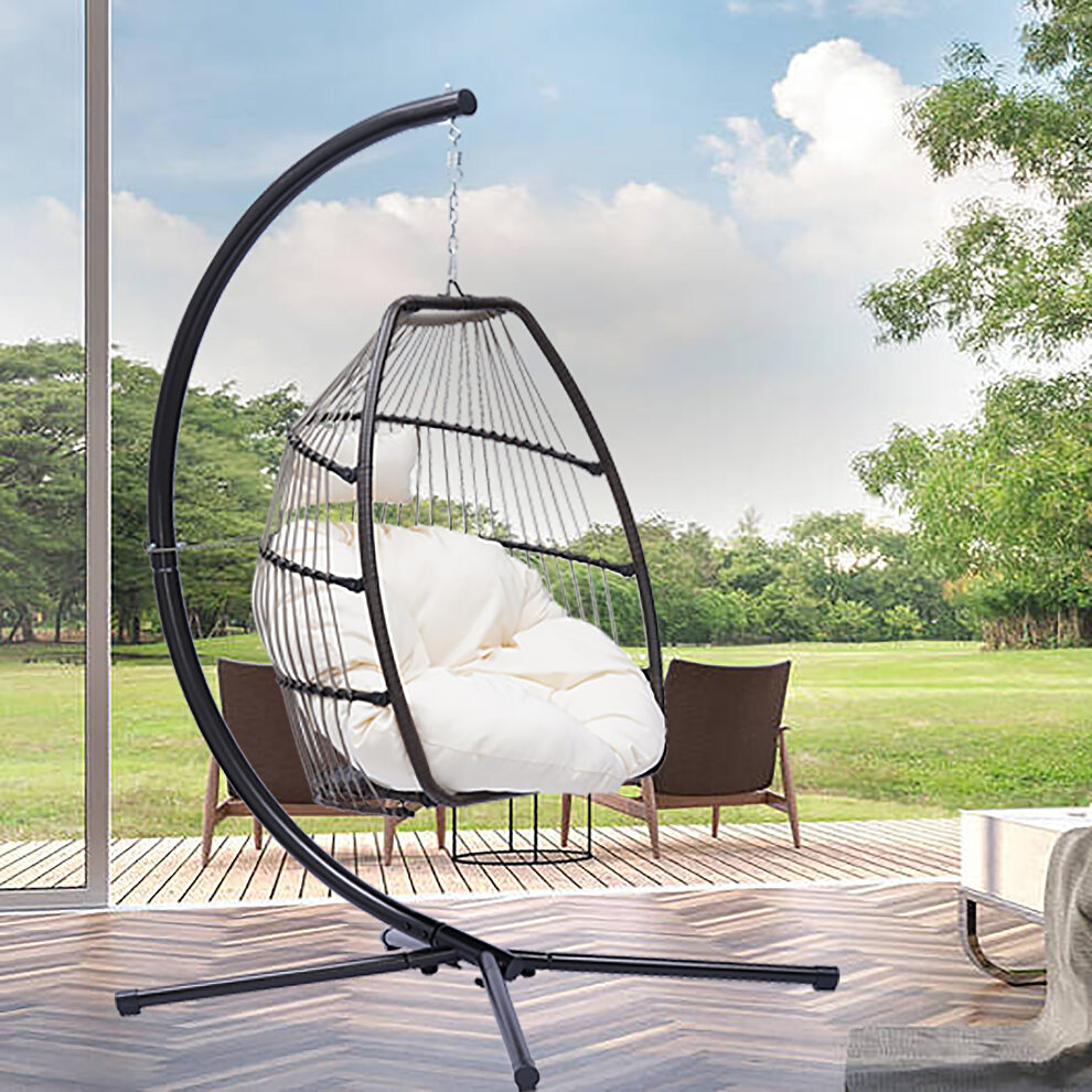 Rattan swing hammock egg chair with beige cushion and pillow by La Spezia additional picture 5