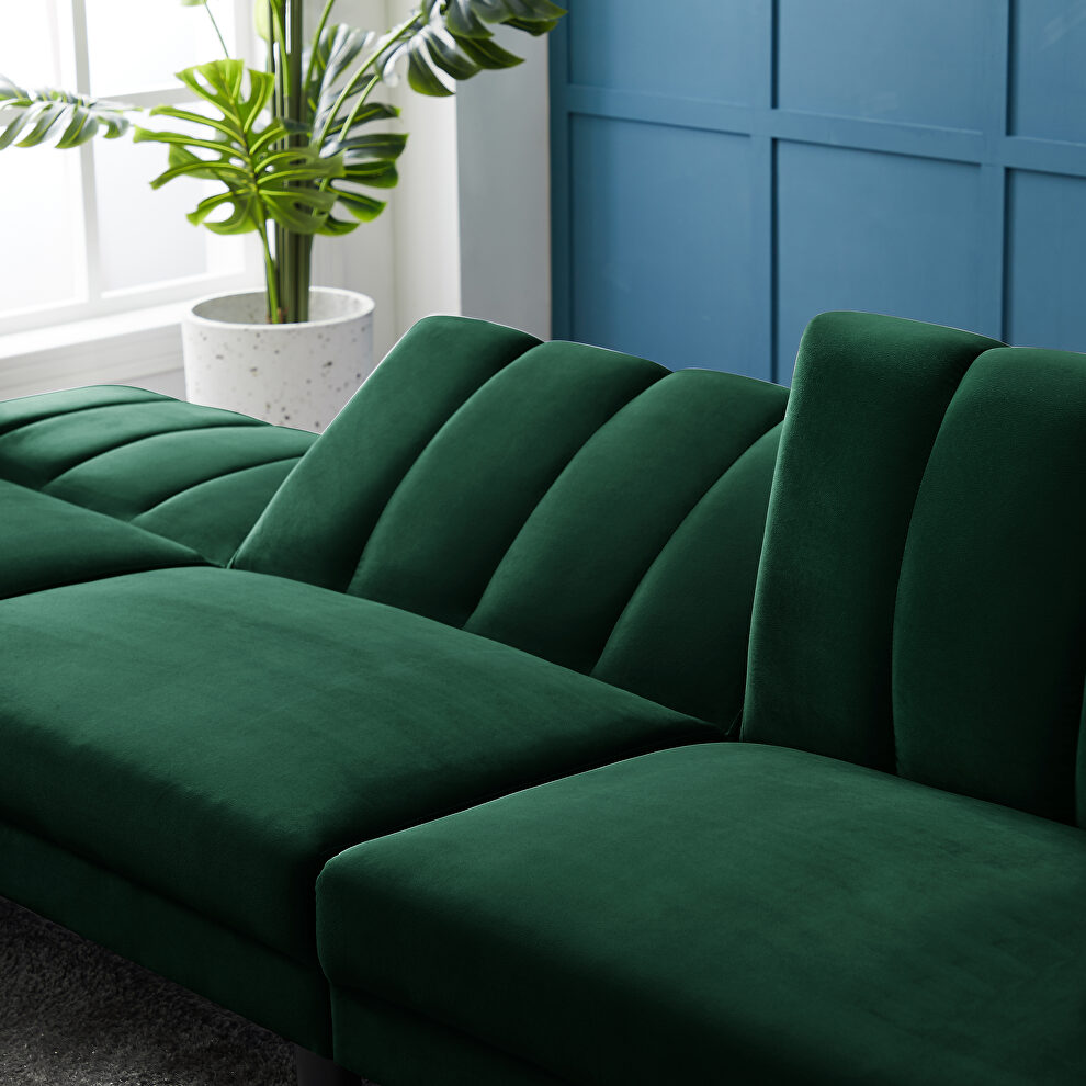 Reversible sectional sofa sleeper with 2 pillows dark green velvet by La Spezia additional picture 2