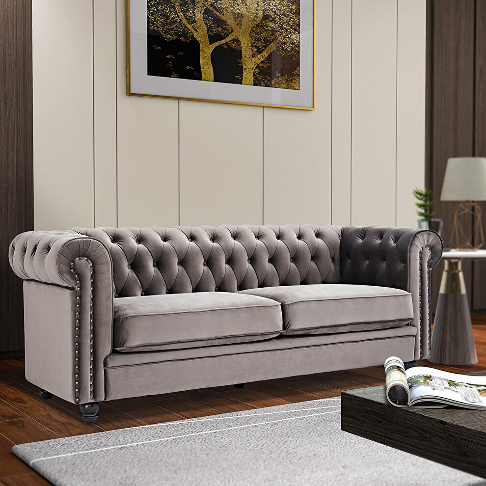 Classic sofa loveseat gray velvet solid wood oak feet by La Spezia additional picture 4