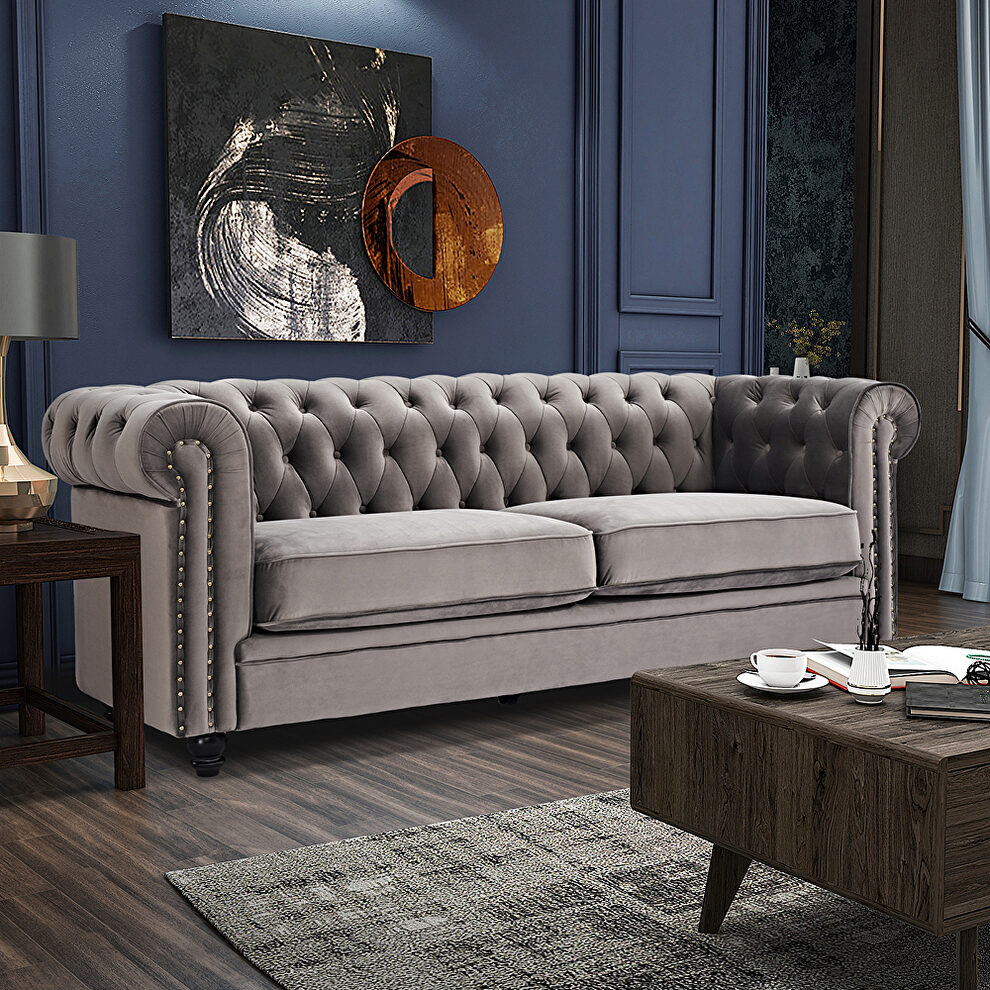 Classic sofa loveseat gray velvet solid wood oak feet by La Spezia additional picture 9
