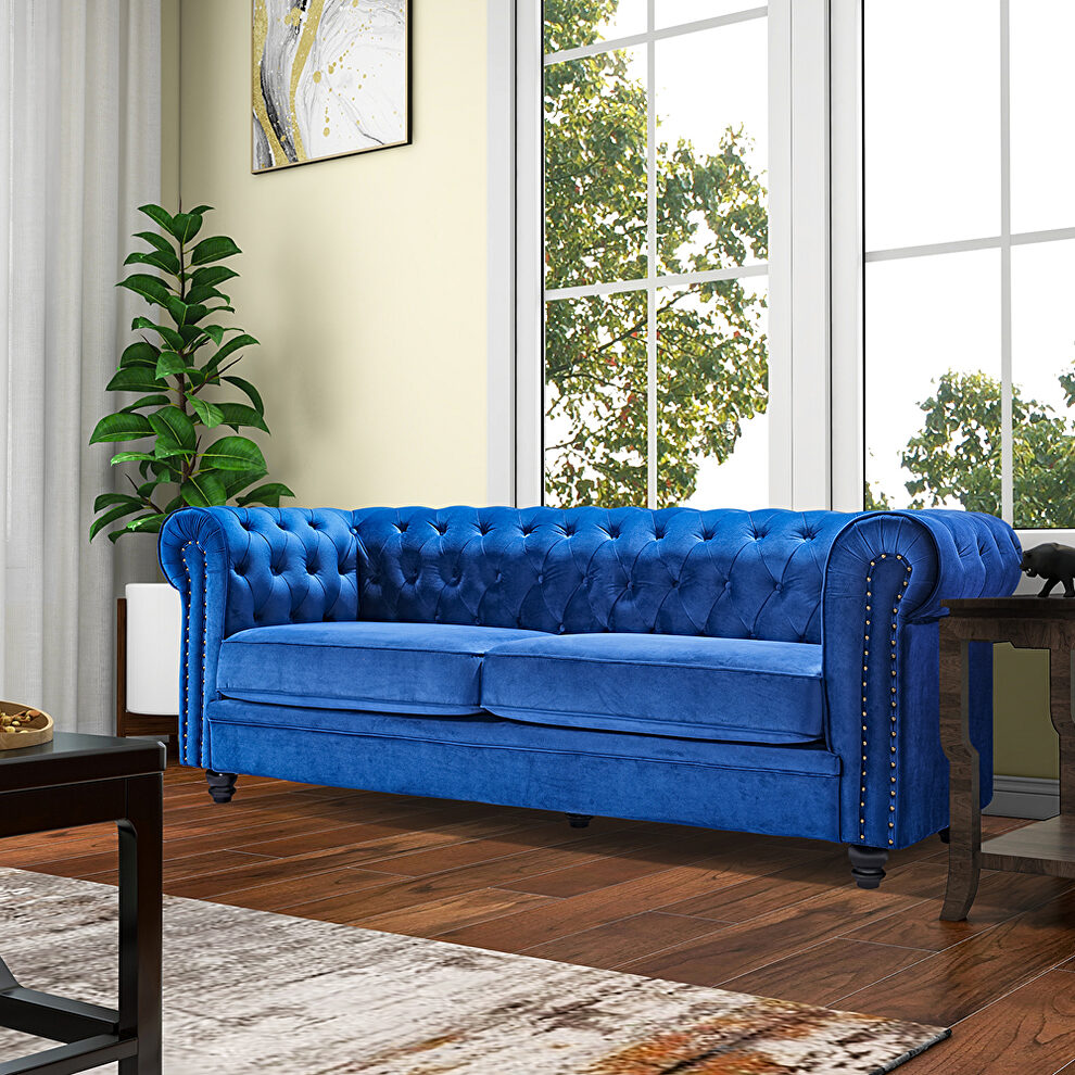 Classic sofa loveseat blue velvet solid wood oak feet by La Spezia additional picture 2