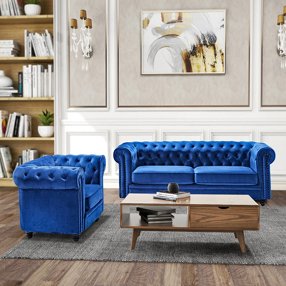 Classic sofa loveseat blue velvet solid wood oak feet by La Spezia additional picture 11