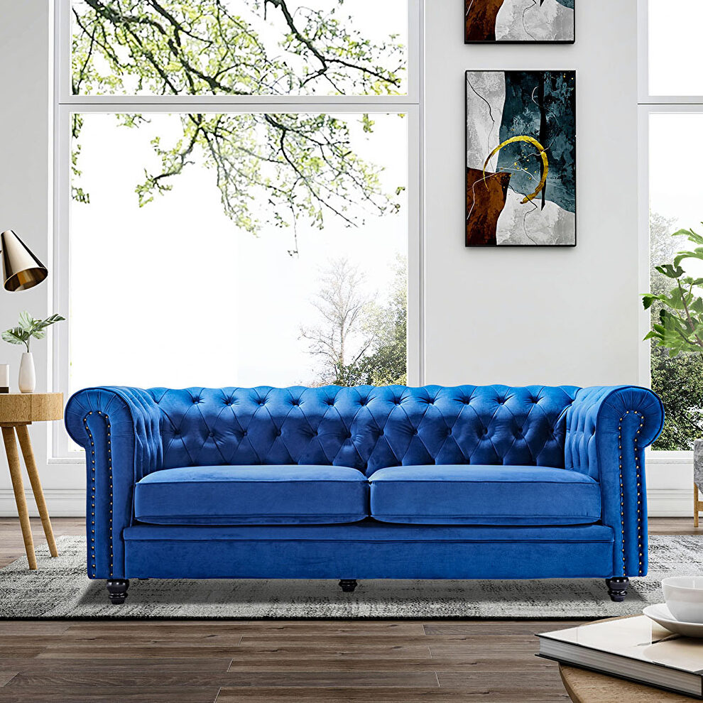 Classic sofa loveseat blue velvet solid wood oak feet by La Spezia additional picture 13