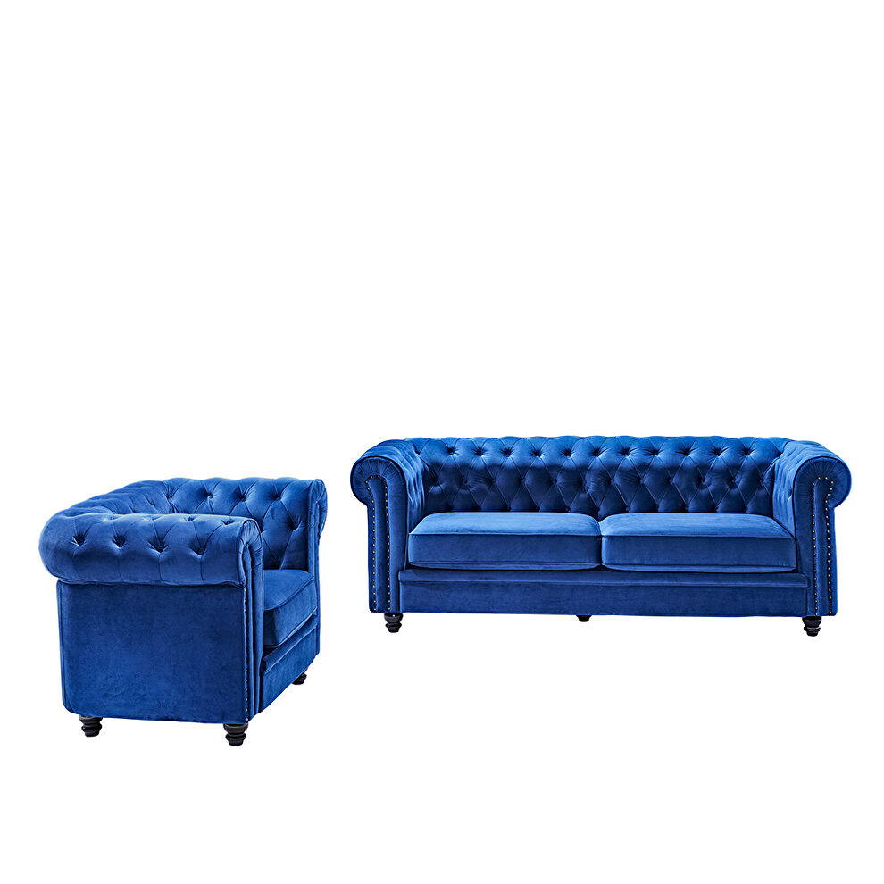 Classic sofa loveseat blue velvet solid wood oak feet by La Spezia additional picture 5
