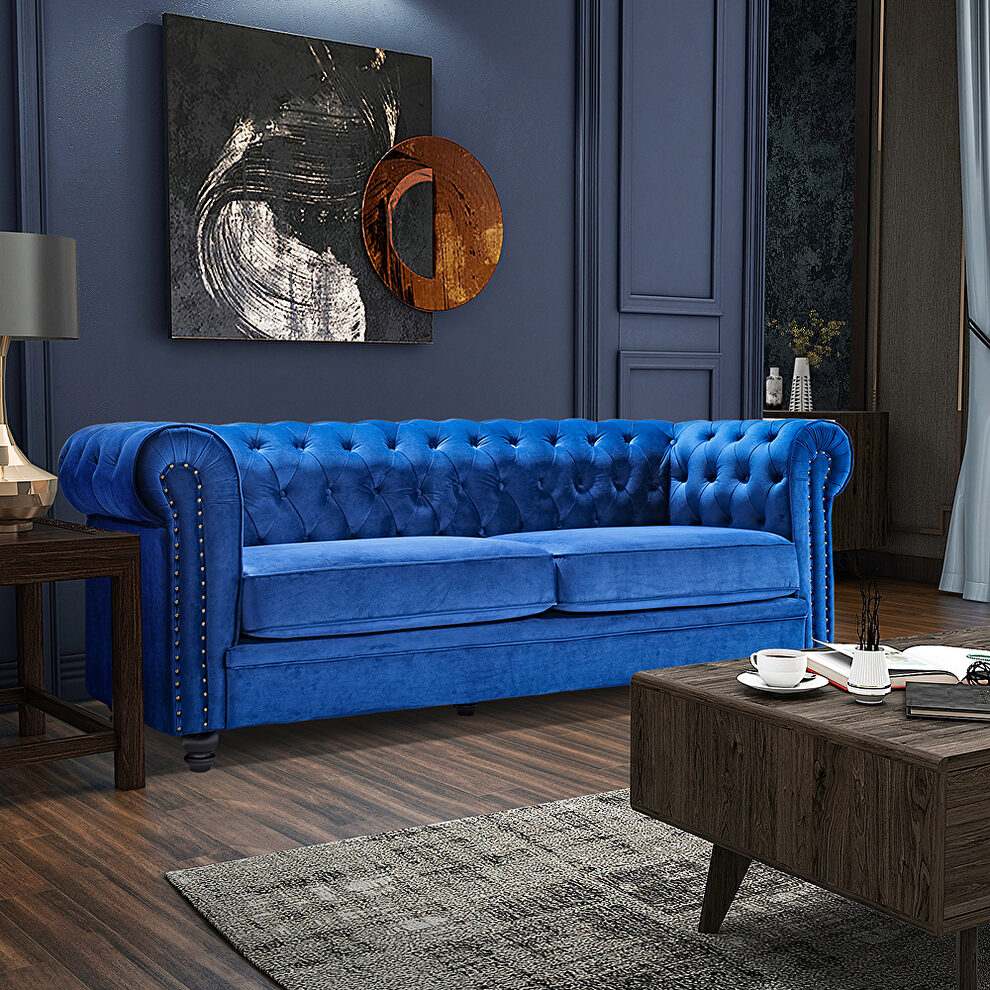 Classic sofa loveseat blue velvet solid wood oak feet by La Spezia additional picture 10