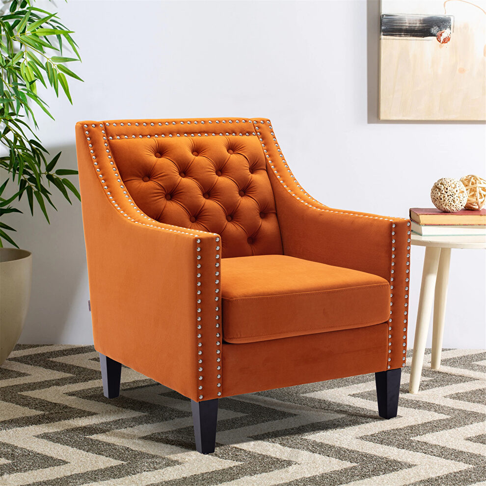 Orange accent armchair living room chair with nailheads and solid wood legs by La Spezia additional picture 5