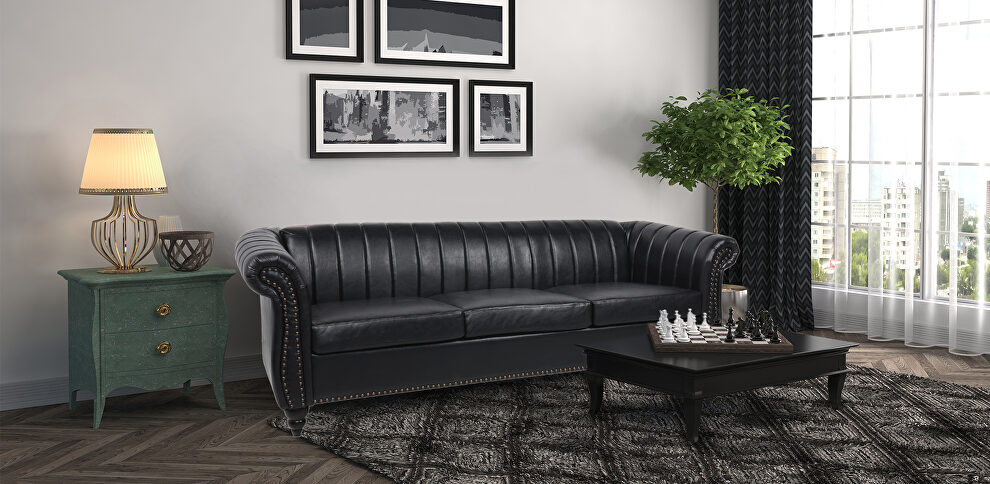Black pu rolled arm chesterfield three seater sofa by La Spezia additional picture 17