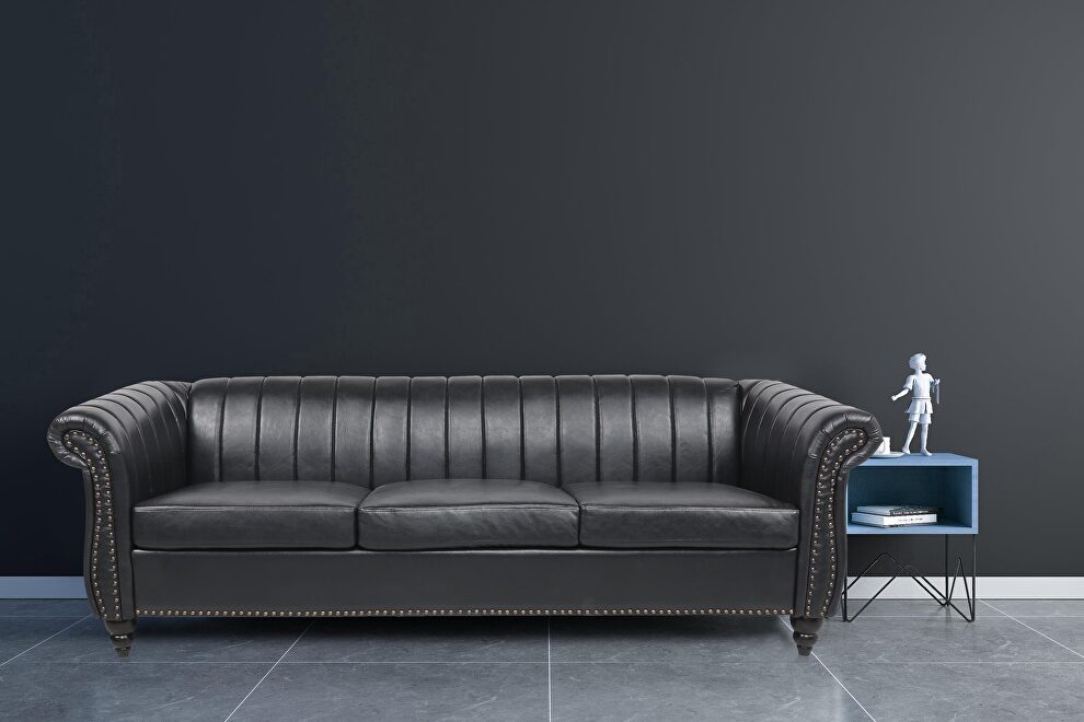 Black pu rolled arm chesterfield three seater sofa by La Spezia additional picture 8