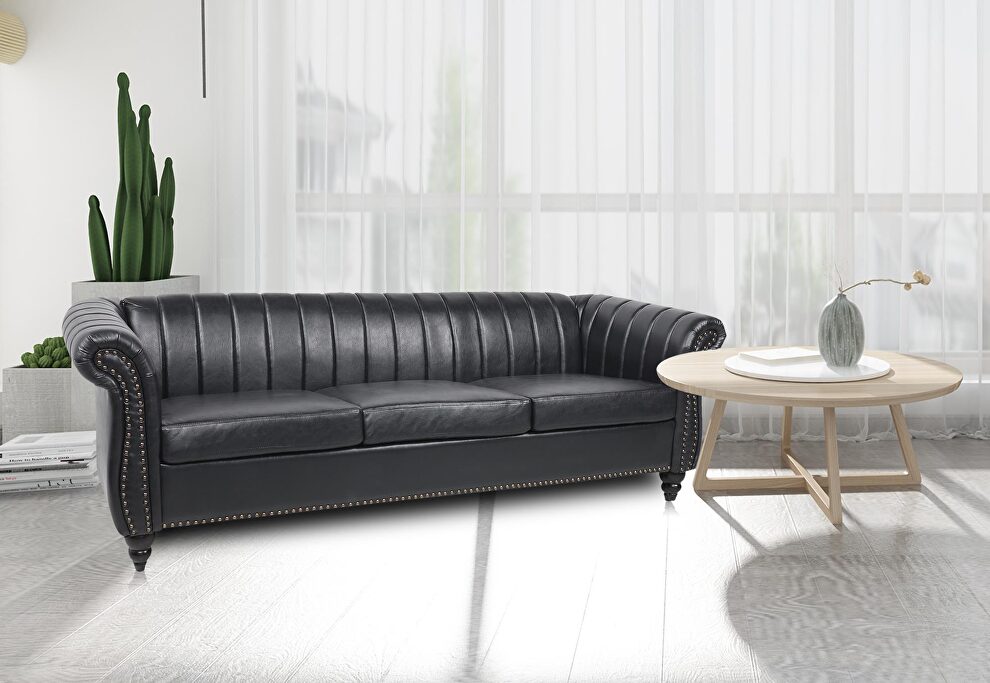 Black pu rolled arm chesterfield three seater sofa by La Spezia additional picture 9