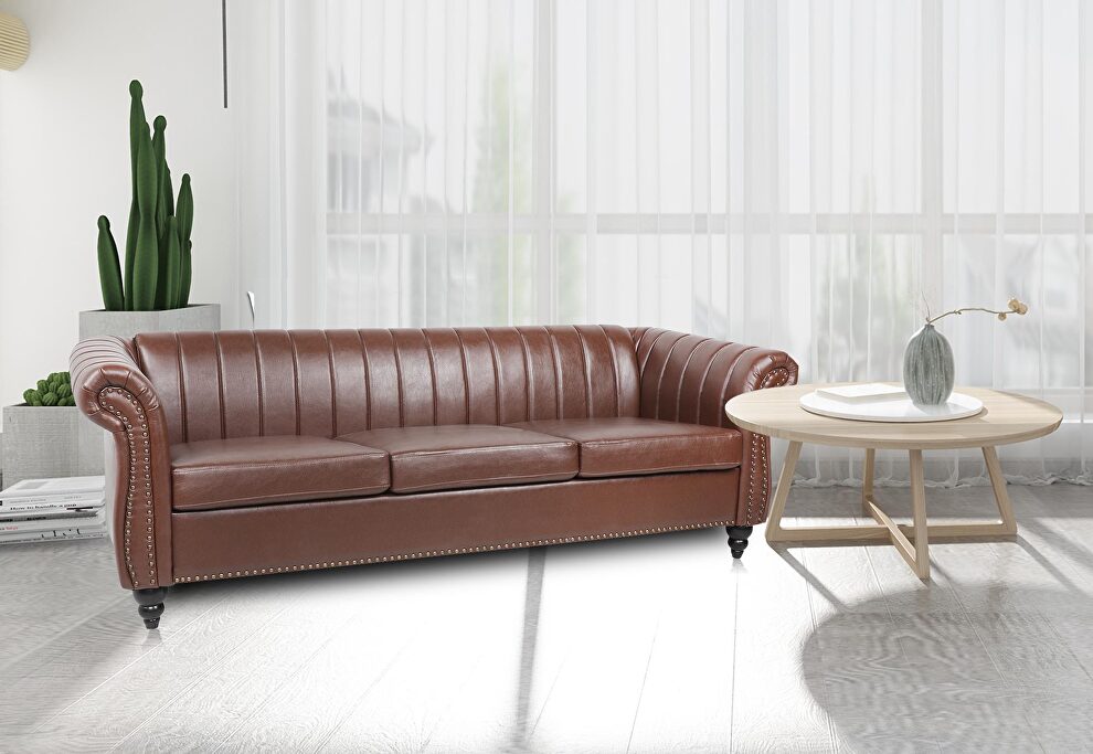 Brown pu rolled arm chesterfield three seater sofa by La Spezia additional picture 11