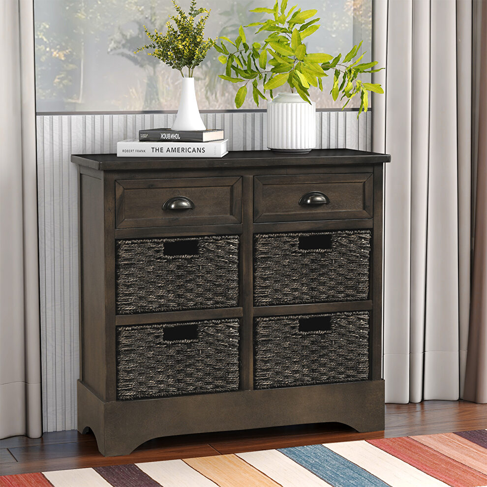 Brown gray rustic storage cabinet with two drawers and four classic rattan basket by La Spezia additional picture 14