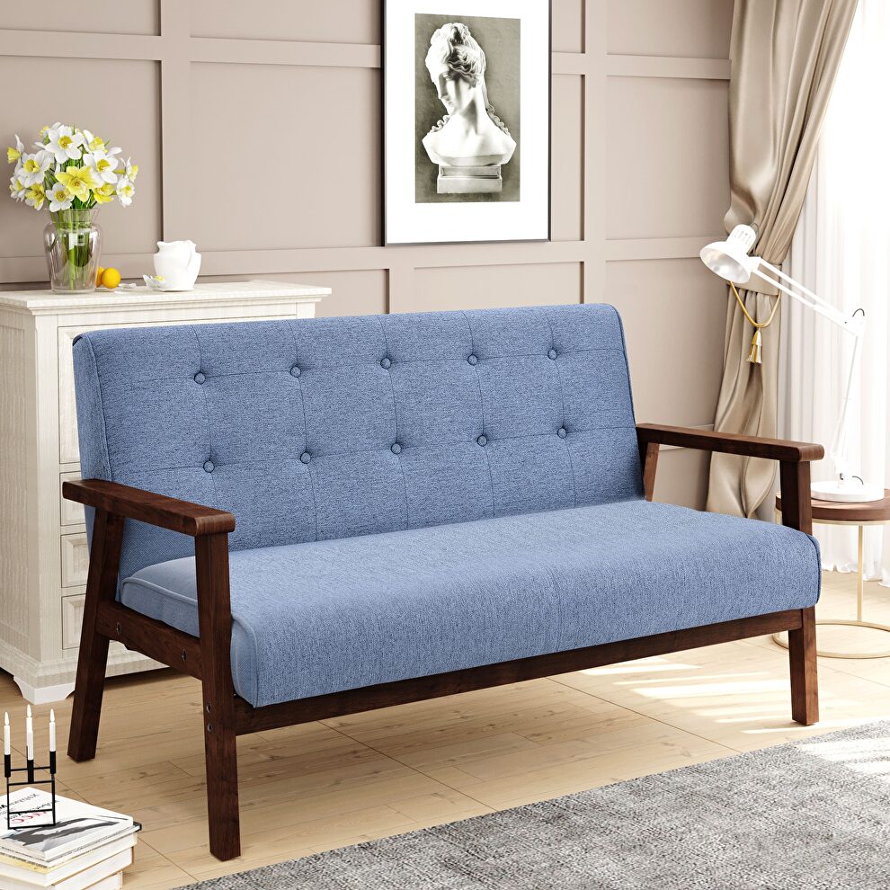 Modern solid loveseat sofa blue linen blend fabric 2-seat couch by La Spezia additional picture 15