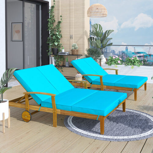 Natural wood finish/ blue cushion outdoor double chaise lounge chair by La Spezia additional picture 12