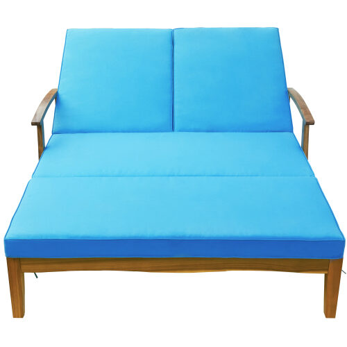 Natural wood finish/ blue cushion outdoor double chaise lounge chair by La Spezia additional picture 6