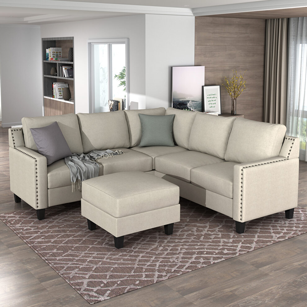 U_style 2 piece rivet beige linen-like fabric upholstered set with cushions by La Spezia additional picture 8
