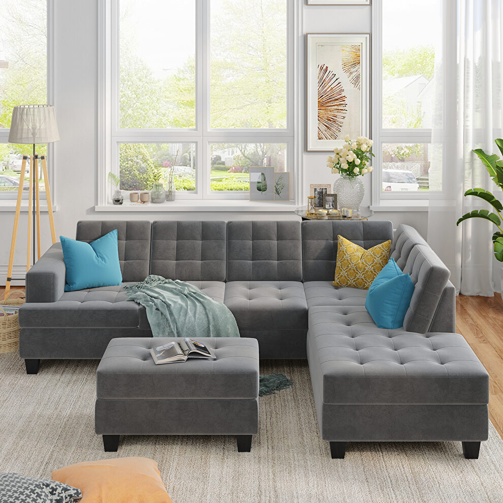 U-style gray fabric upholstery sectional sofa with storage ottoman by La Spezia additional picture 15