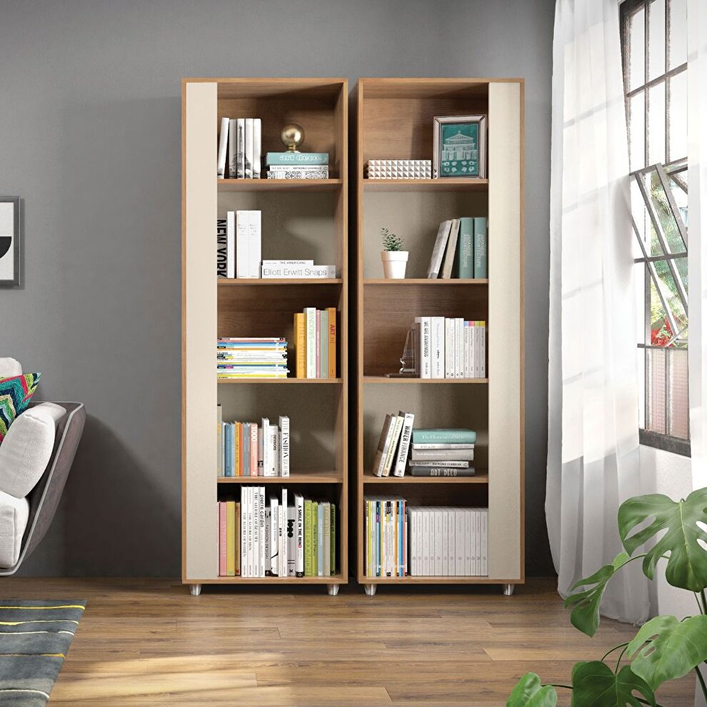 Mid-century- modern bookcase with 5 shelves in nature and off white by Manhattan Comfort additional picture 2