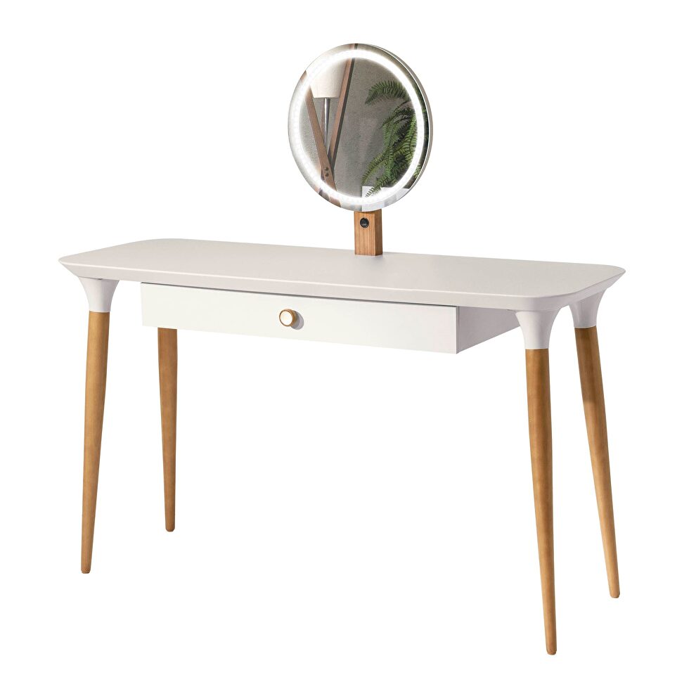 Vanity table with led light mirror and organization in off white and cinnamon by Manhattan Comfort additional picture 8