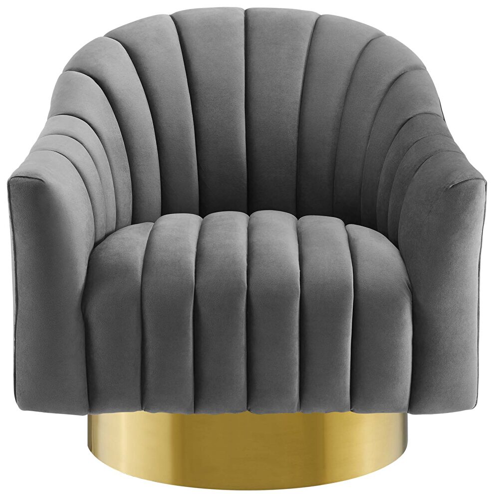 Vertical channel tufted accent lounge performance velvet swivel chair in gray by Modway additional picture 4