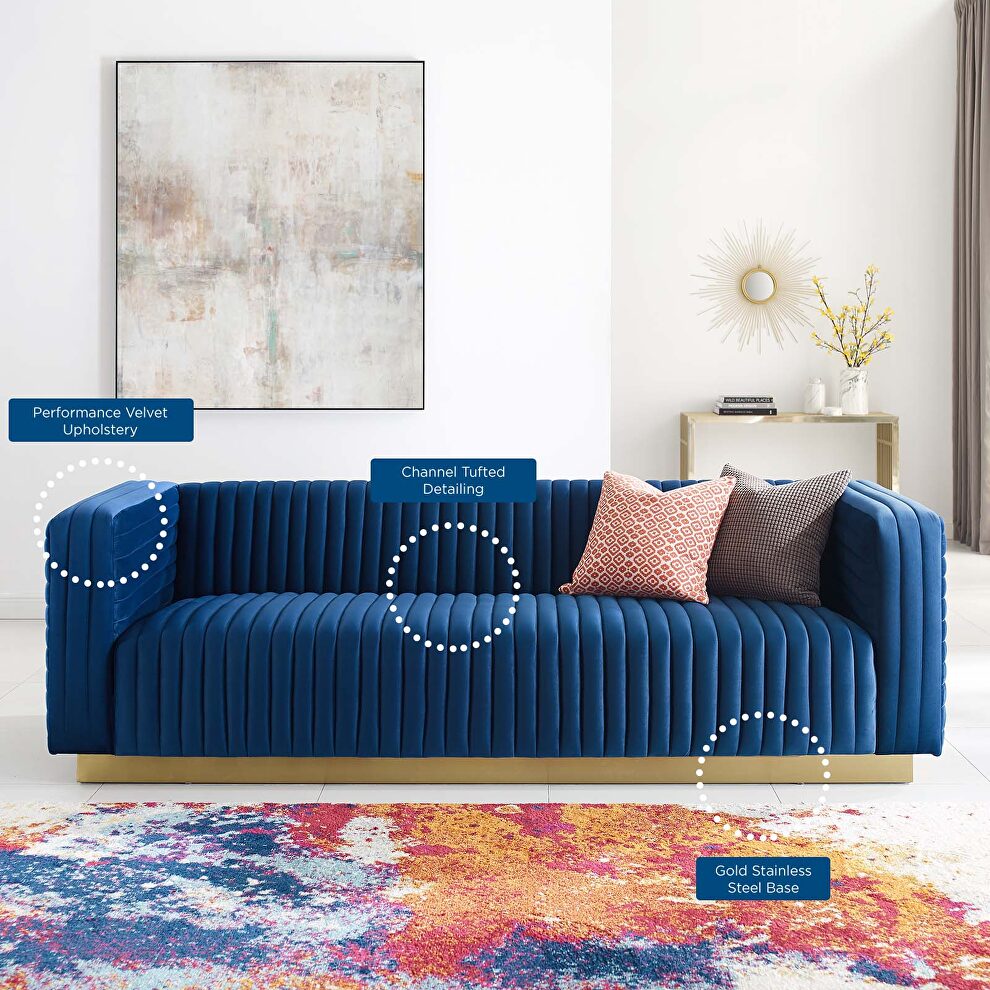 Channel tufted performance velvet living room sofa in navy by Modway additional picture 3