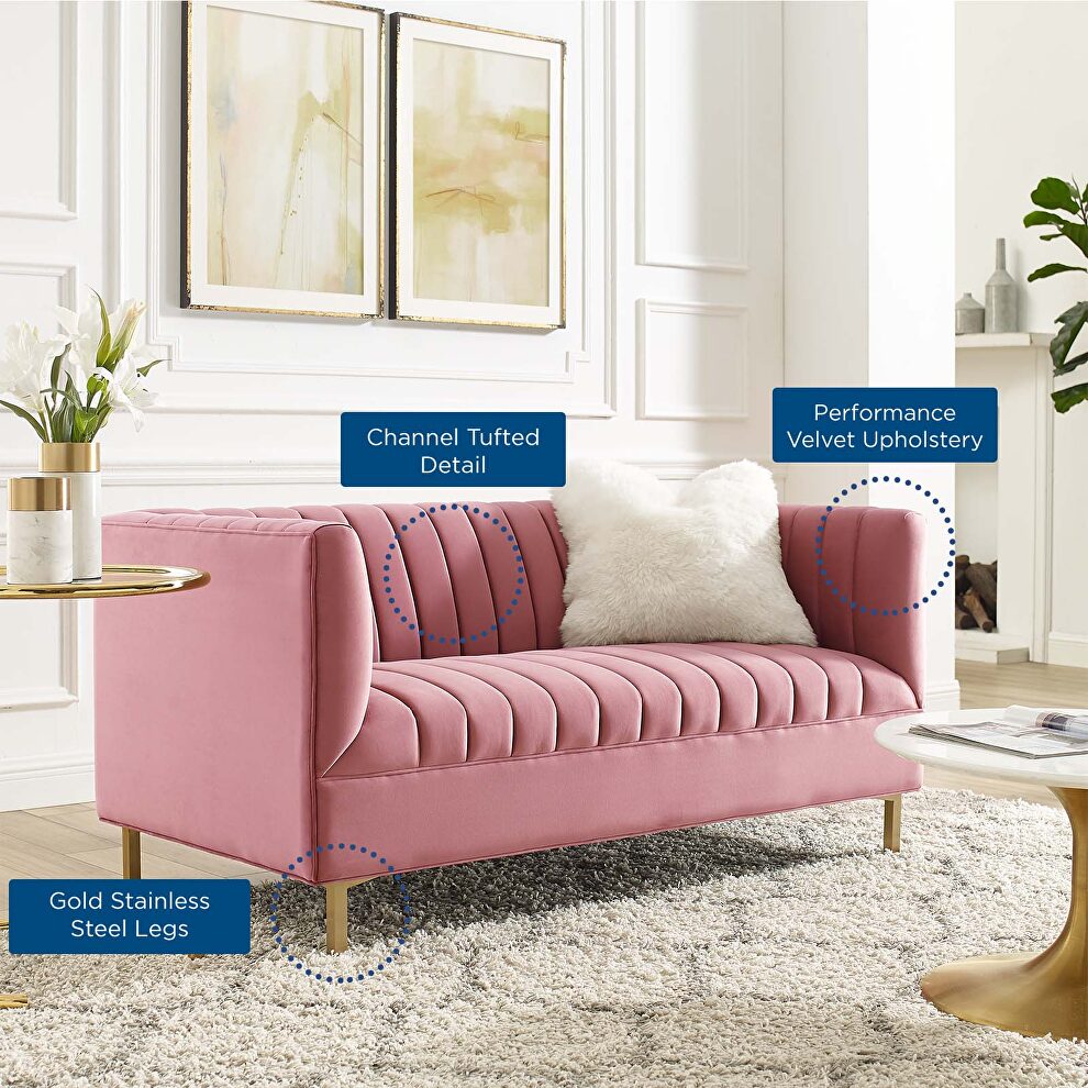 Channel tufted performance velvet loveseat in dusty rose by Modway additional picture 9