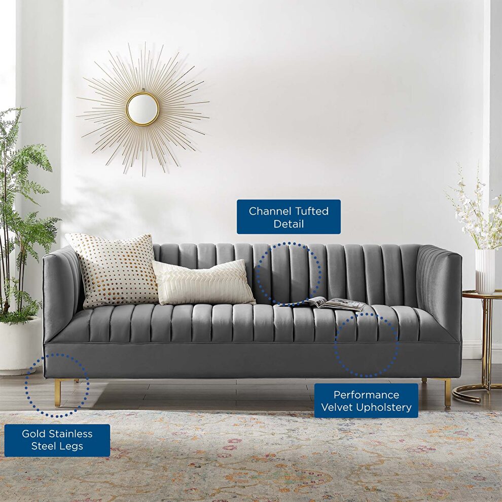 Channel tufted performance velvet sofa in gray by Modway additional picture 9