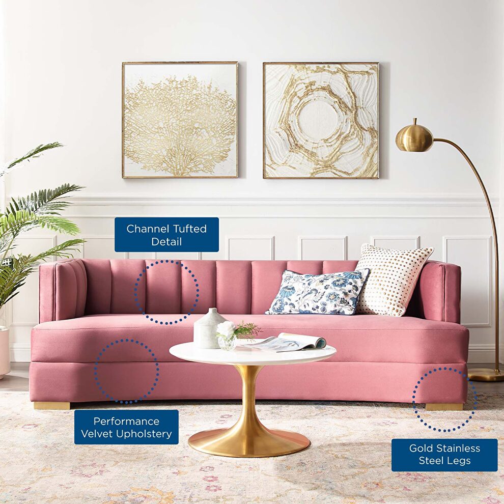 Channel tufted performance velvet curved sofa in dusty rose by Modway additional picture 8