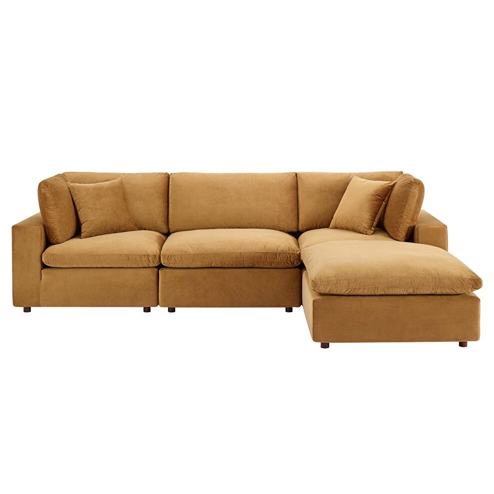 Down filled overstuffed performance velvet 4-piece sectional sofa in cognac by Modway additional picture 9