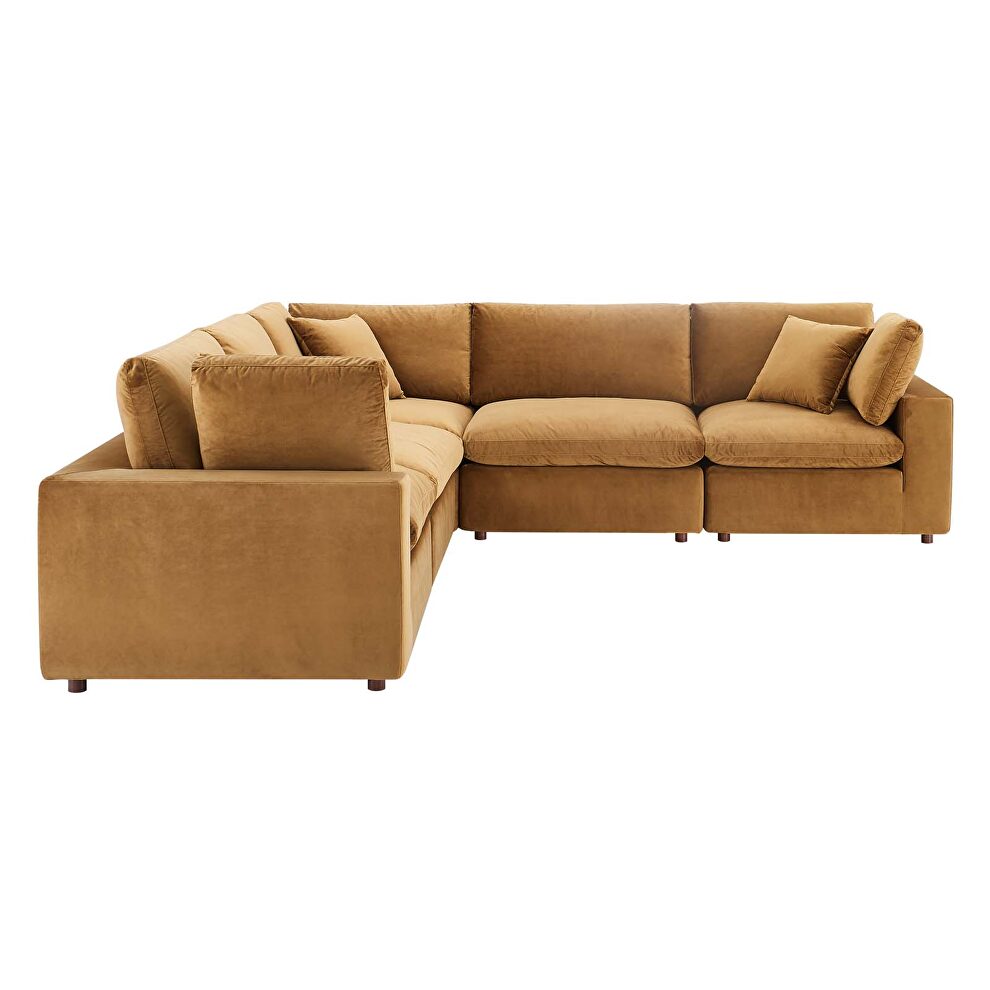 Down filled overstuffed performance velvet 5-piece sectional sofa in cognac by Modway additional picture 9