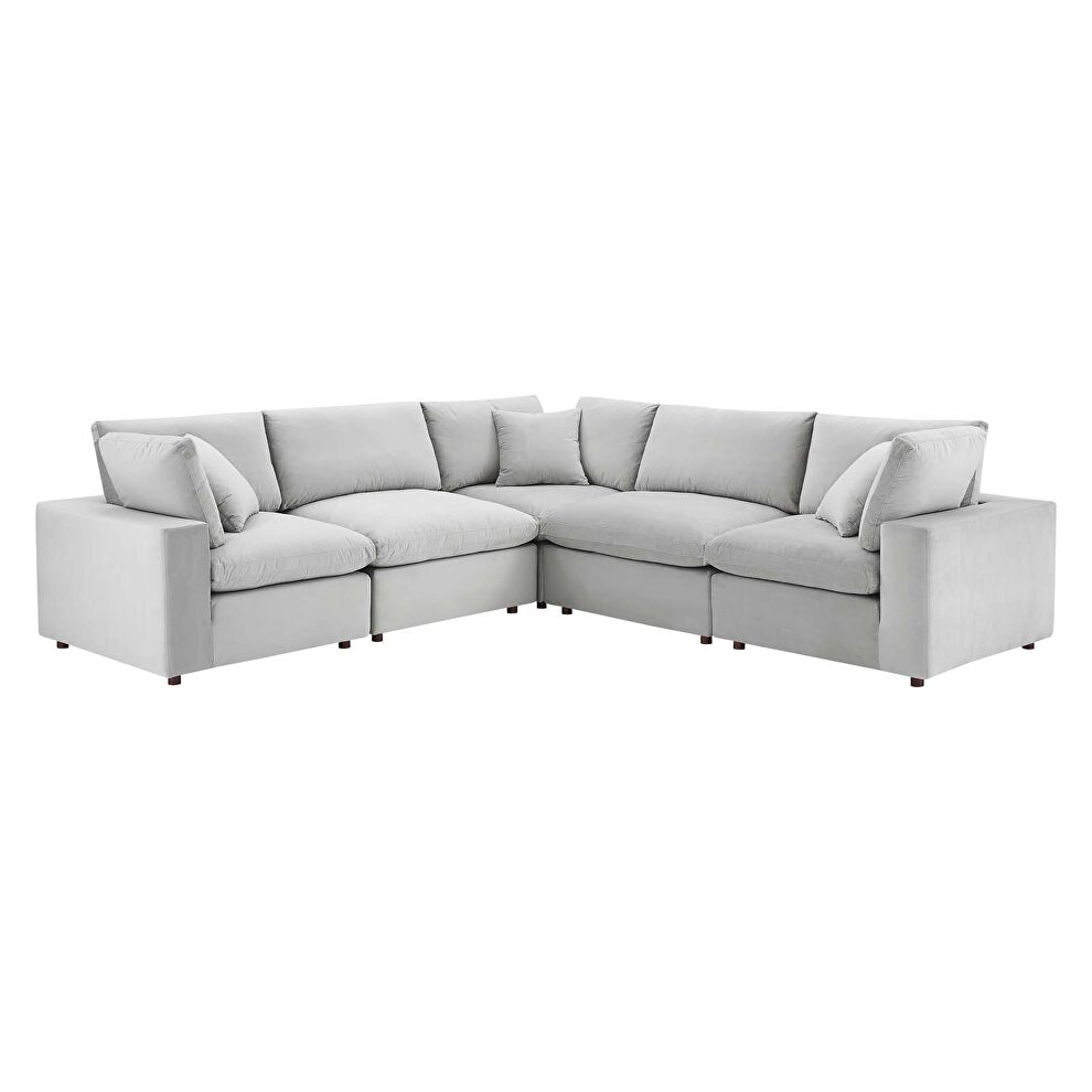Down filled overstuffed performance velvet 5-piece sectional sofa in light gray by Modway additional picture 10